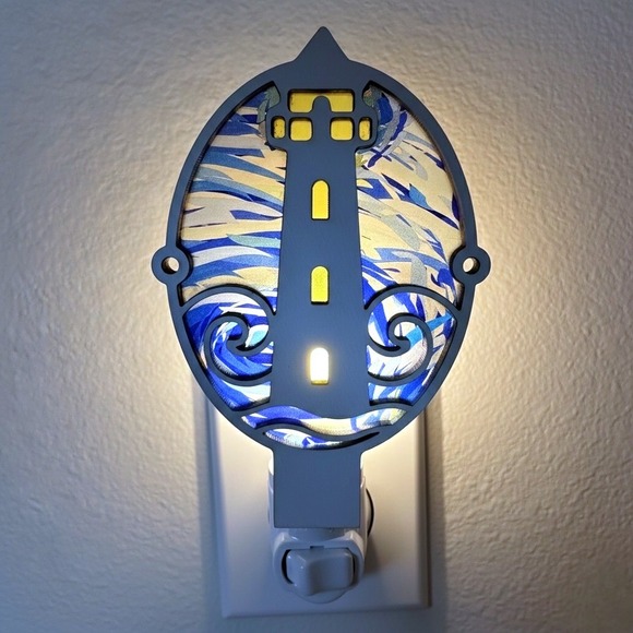 Handcrafted Lighthouse Night Light Coastal Nautical Ocean Waves Blue Yellow - Picture 3 of 7
